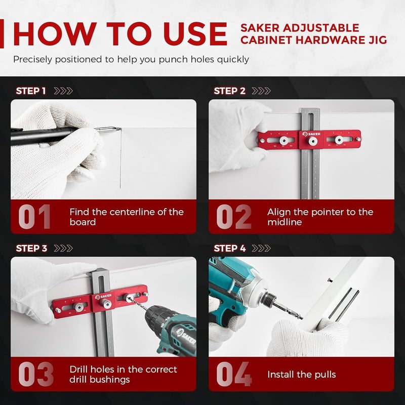 Saker Cabinet Hardware Doweling Jig - Cabinet Handle Template Tool for Knobs and Pull - Adjustable Self Centering Punch Locator Precise Woodworking Drill Guide (5" Jig Saw with pencil) - Image 5